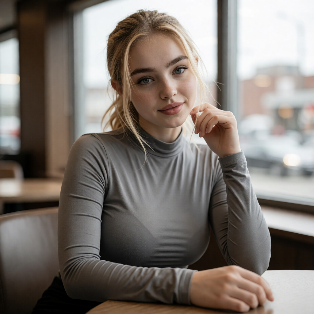 Sophia sitzt entspannt an einem Tisch im Café