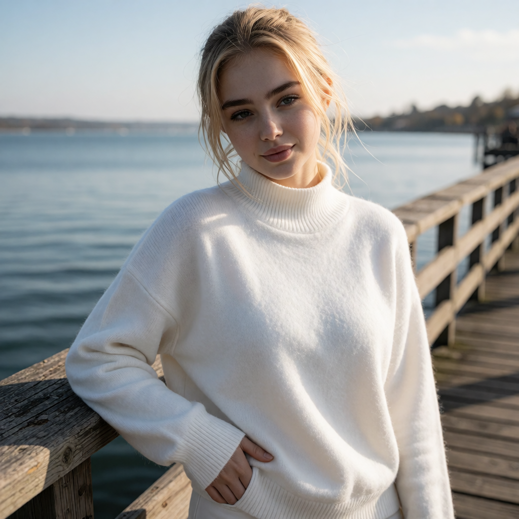 Sophia im weißen Pullover auf einem Steg