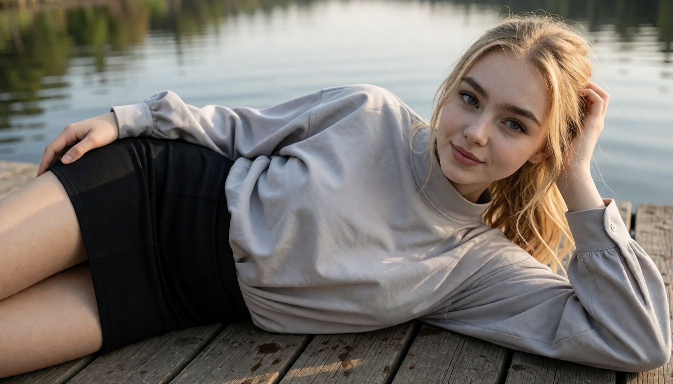 Sophia liegt seitlich auf einem Holzsteg am Wasser