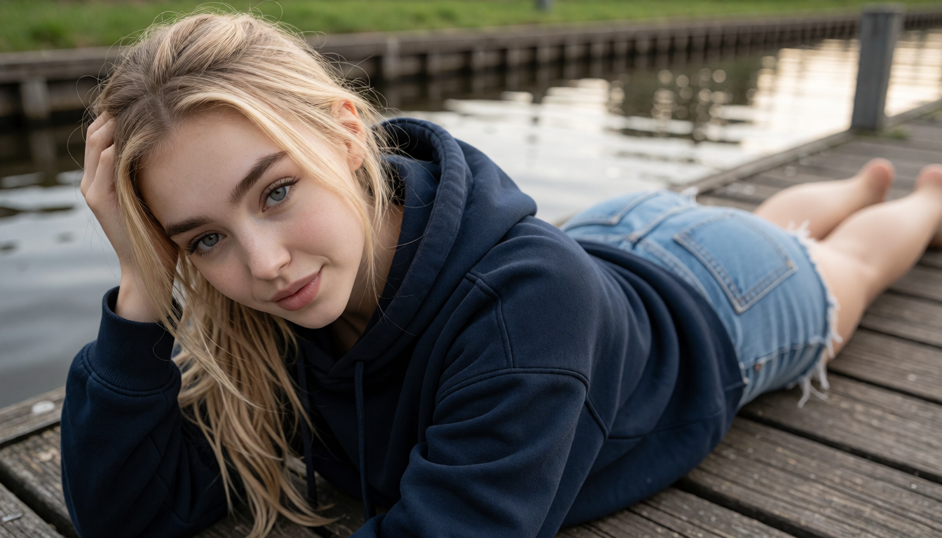 Sophia in blauem Hoodie auf einem Steg mit Blick in die Kamera